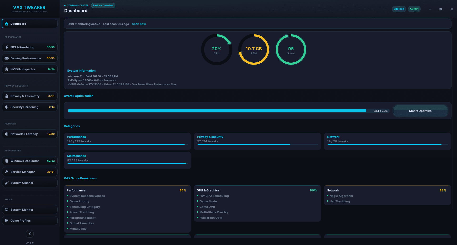 Vax Tweaker dashboard showing active modules, optimization overview, VAX Score and system metrics